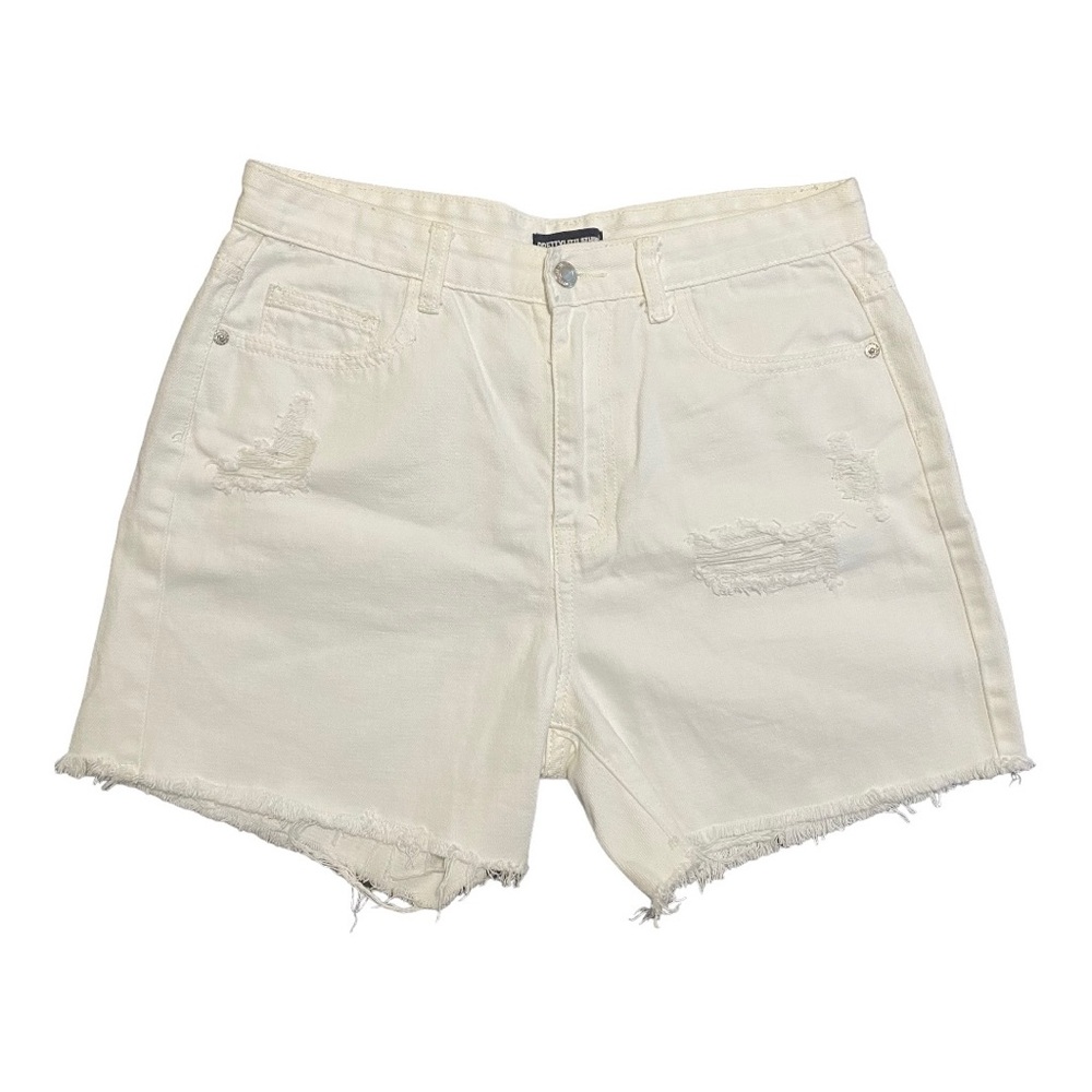 Pretty Little Thing White Ripped Longline Fitted Denim Shorts